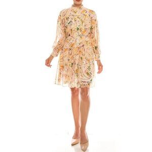 Donna Morgan Chiffon Paisley Shirt Dress With Soft Yellow Long Sleeves Women's 4